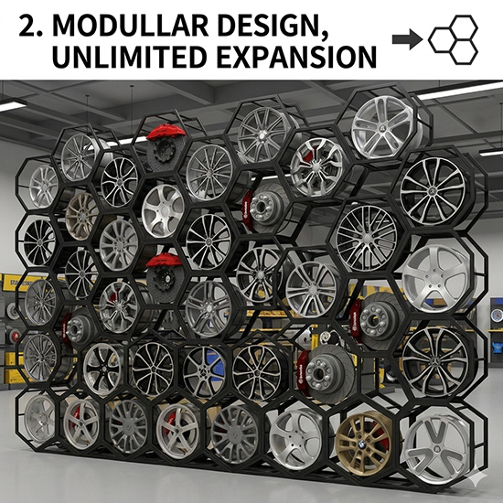 hexagon car rim display rack (sku 12012)